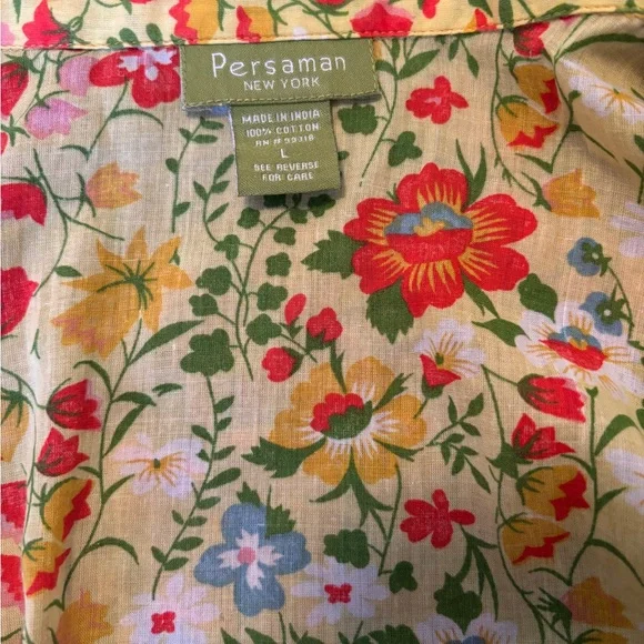 Persaman New York Floral Yellow Cotton Button Up Blouse w/ Floral Pattern. Sz L - Picture 6 of 8